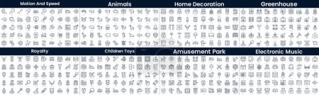 Linear Style Icons Pack. In this bundle include motion and speed, animals, home decoration, greenhouse, royalty, children toys, amusement park, electronic music
