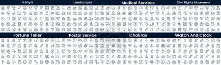 Illustration for Linear Style Icons Pack. In this bundle include kenya, landscapes, medical services, civil rights movement, fortune teller, postal service, chakras, watch and clock - Royalty Free Image