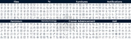 Linear Style Icons Pack. In this bundle include files, 5g, furnitures, notifications, feminism, nanotechnology, career advancement, holi