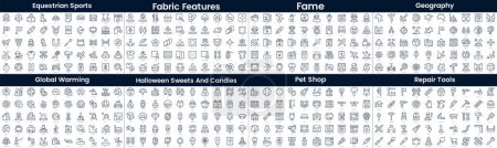 Linear Style Icons Pack. In this bundle include equestrian sports, fabric features, fame, geography, global warming, halloween sweets and candies, pet shop, repair tools