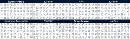 Illustration for Linear Style Icons Pack. In this bundle include ecommerce, kitchen, baby, kitchen, responsible consumption, pharmacy, greenhouse, logistics - Royalty Free Image