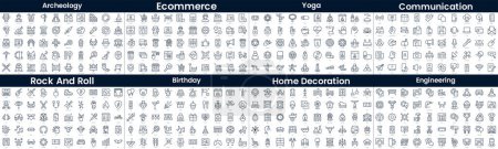 Linear Style Icons Pack. In this bundle include archeology, ecommerce, yoga, communication, rock and roll, birthday, home decoration, engineering