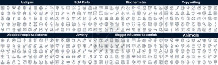 Linear Style Icons Pack. In this bundle include antiques, night party, biochemistry, copywriting, disabled people assistance, jewelry, blogger influencer essentials, animals
