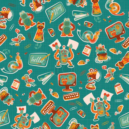 Téléchargez les photos : Cute Vector of Colorful Office Robots in green, orange, yellow reddish colored seamless pattern on Green background. Perfect for fabric, scrapbooking, wallpaper projects - en image libre de droit