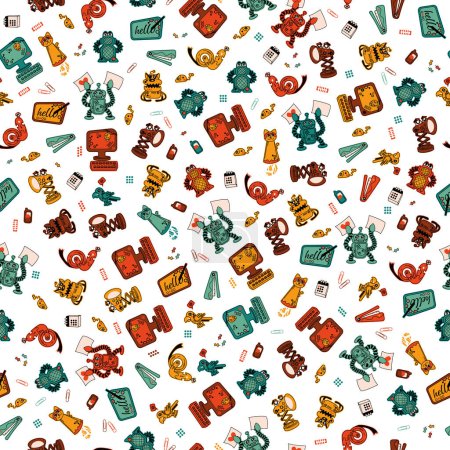 Illustration for Vector of Cute, Simple, Happy and Colorful Robots in green, orange, yellow and reddish colors on a light background. Perfect for fabric, scrapbooking, wallpaper projects - Royalty Free Image