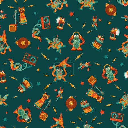 Illustration for Vector of Cute, Happy and Colorful Rock and Roll Robots in green, orange, yellow and reddish colors on a dark blue background. Perfect for fabric, scrapbooking, wallpaper projects - Royalty Free Image
