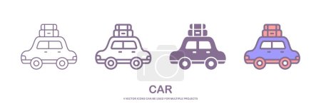 Téléchargez les illustrations : Four different car travel vector icons that can be used for many projects, like web design, app etc. which is isolated on a white background. - en licence libre de droit