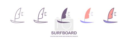 Téléchargez les photos : Cartoon surf board for wave, Surfboard front, top and side view. Surfer for water sport. surfing emblems, icon and label. Surfboards symbol. summer beach activity, surfing on sea waves sport. - en image libre de droit