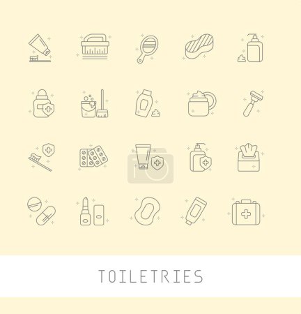 Illustration for Vector travel toiletries icons. Editable icons. Toothbrush shampoo conditioner deodorant  moisturizer hand cream facial cleanser sunscreen razor soap mirror nail. isolated on white background. - Royalty Free Image