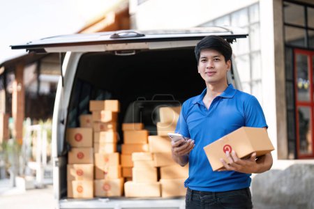 Photo for Smiling delivery asian man standing in front of his van. Portrait of courier delivering parcel package. - Royalty Free Image