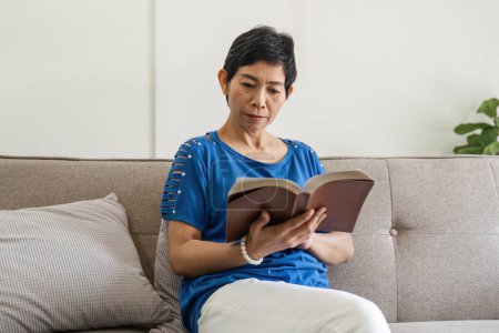 Téléchargez les photos : Portrait d'attrayant concentré femme âgée joyeuse assis sur divan lecture livre passe-temps rêverie à la maison à l'intérieur. - en image libre de droit