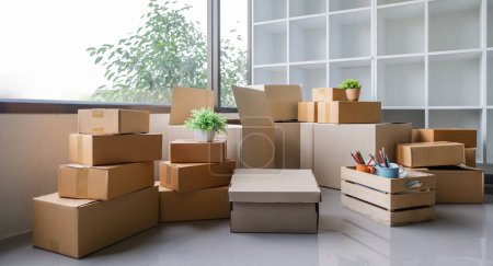 Téléchargez les photos : Jour de déménagement. Boîte en carton et articles de nettoyage pour emménager dans une nouvelle maison. - en image libre de droit
