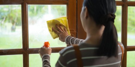 Foto de Mujer profesional limpieza ventanas con trapos criada mantener su casa. - Imagen libre de derechos