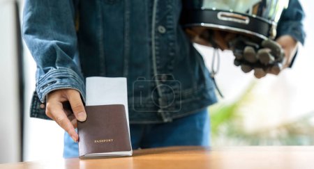 Photo for Young asian woman traveler prepare for the summer vacation, Travel concept, Holding a passport. - Royalty Free Image
