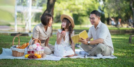 Photo for Grandparent playing togetherness with a granddaughter in the park in the morning. Family, love and grandchild bonding with grandfather and grandma in a park. concept child and senior. - Royalty Free Image