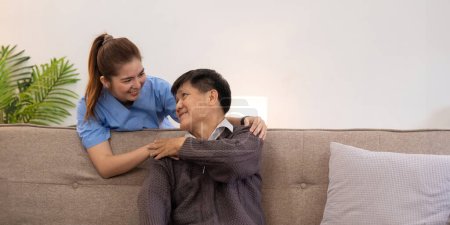 Photo for Nurse and doctor with senior man patient, empathy and trust, healthcare consulting. Closeup psychologist, caregiver and volunteer support, help and hope of mental health. - Royalty Free Image