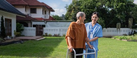 Photo for Nurse or caregiver and elderly woman support, healthcare service and health portrait at home. Medical physiotherapy, doctor helping and elderly patient with disability in home. - Royalty Free Image