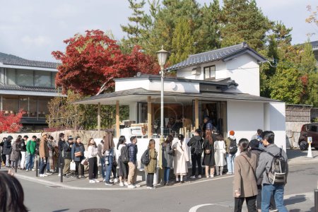 Photo for KYOTO,JAPAN NOV 30, 2023 : Exterior design and front facade decoration at ARABICA local specialty coffee cafe along Arashiyama bamboo grove and natural lake. - Royalty Free Image