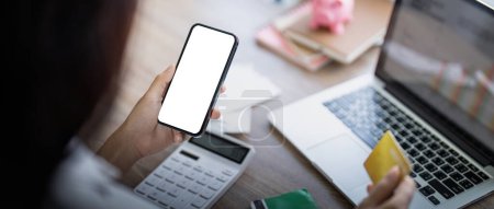 Photo for Credit card or smartphone mockup for online payment, investment or savings insurance mock up. finance or woman on smartphone blank screen. - Royalty Free Image