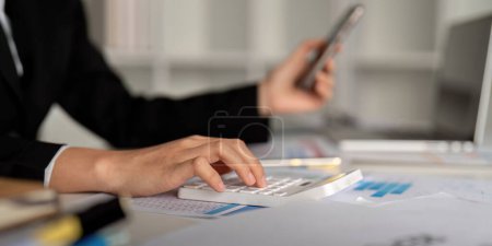 Photo for Documents, Business woman and accountant reading report for information, financial data or analysis. Paperwork, auditor check, review and bookkeeping, Calculate finance and tax in office. - Royalty Free Image