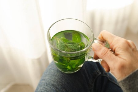 Photo for Tea with fresh mint leaves. Mint infusion helps with digestive problems - Royalty Free Image