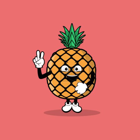 Téléchargez les illustrations : Mignon caractère de fruit d'ananas avec vecteur d'expression de la main de paix - en licence libre de droit