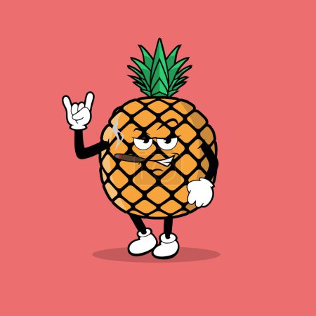 Téléchargez les illustrations : Caractère ananas fruit mignon avec vecteur d'expression rock and roll - en licence libre de droit