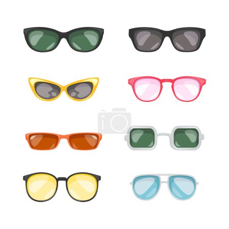 Illustration for Set of different sunglasses icons. Retro glasses to protect eyes from sun in summer season. Hipster eyewear or lenses of different shapes. Cartoon flat vector collection isolated on white background - Royalty Free Image