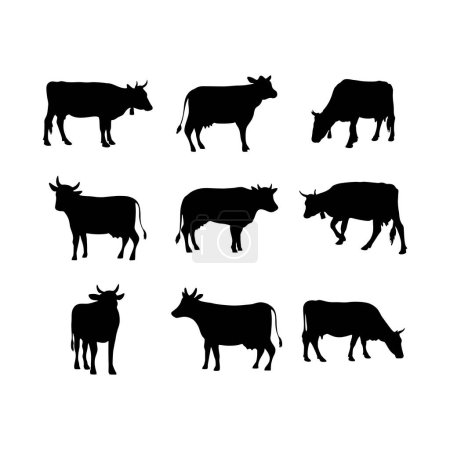 Téléchargez les illustrations : Ensemble de vaches. Silhouette vache noire isolée sur blanc - en licence libre de droit