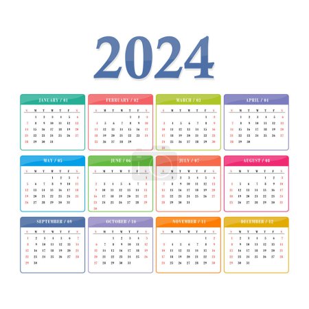 Téléchargez les illustrations : Modèle de calendrier mensuel pour 2024 année. Calendrier mural de style minimaliste. La semaine commence le dimanche. Planificateur pour 2024 année - en licence libre de droit