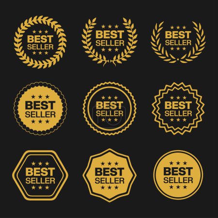 Ilustración de Plantilla de diseño de etiqueta de logotipo Bestseller para las mejores ventas, sello redondo de premio de oro, pegatina con cinta, estrellas y texto de best seller - Imagen libre de derechos