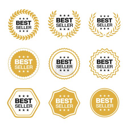 Ilustración de Plantilla de diseño de etiqueta de logotipo Bestseller para las mejores ventas, sello redondo de premio de oro, pegatina con cinta, estrellas y texto de best seller - Imagen libre de derechos