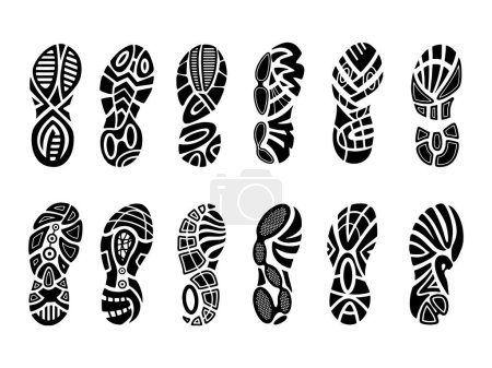 Illustration for Footprints human shoes silhouette, vector set, isolated on white background. Shoe soles print. Foot print tread, boots, sneakers. Impression icon barefoot - Royalty Free Image
