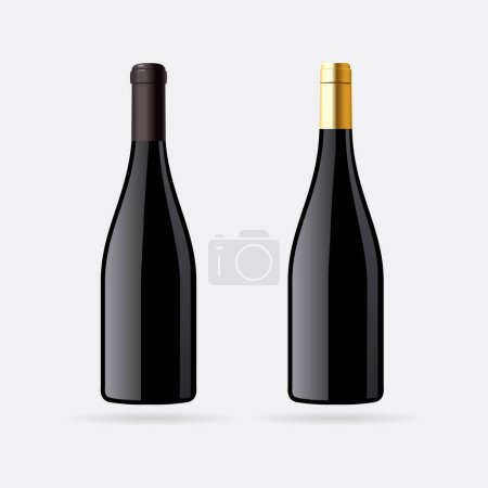 Téléchargez les illustrations : Bouteille de vin rouge maquette en verre noir, illustration vectorielle isolée pour mettre l'étiquette. Bouteille de vignoble vert foncé pour présentation de la marque - en licence libre de droit