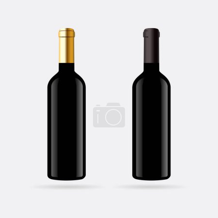 Téléchargez les illustrations : Bouteille de vin rouge maquette en verre noir, illustration vectorielle isolée pour mettre l'étiquette. Bouteille de vignoble vert foncé pour présentation de la marque - en licence libre de droit