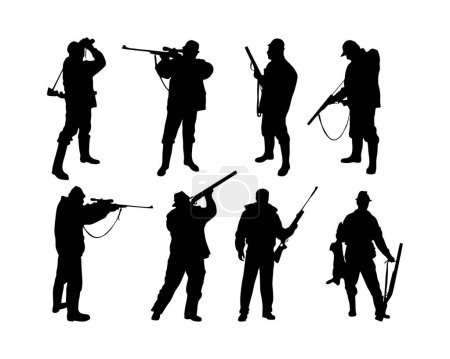 Téléchargez les illustrations : Collection de silhouettes de chasseurs isolées sur fond blanc - en licence libre de droit