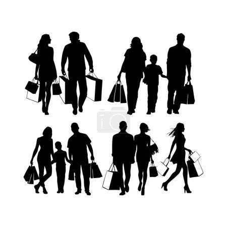 Illustration for Set of woman, bestfriend, family shopping Silhouettes - Royalty Free Image