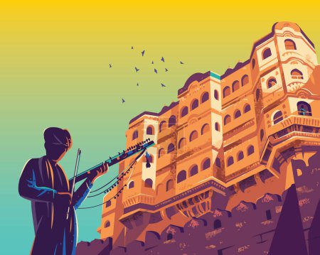 Téléchargez les illustrations : Conception vectorielle de l'artiste manganiar jouant de la musique folklorique Kamaicha du Rajasthan Inde au fort Nahargarh. - en licence libre de droit