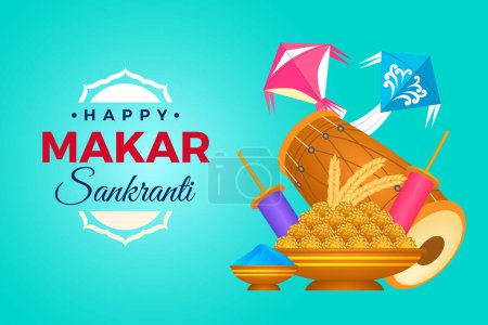 Téléchargez les illustrations : Appartement Happy Makar Sankranti fond. Happy Makar Sankranti Festival illustration fond avec Hindi Typographie. - en licence libre de droit