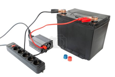 Power inverter connected to the battery, DC to AC converter, on isolated white background	