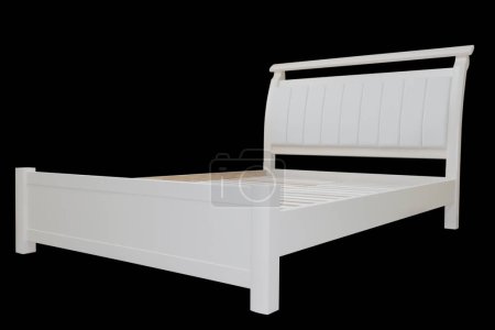 Téléchargez les photos : Painted white double wooden bed with upholstered leather headboard, on isolated background - en image libre de droit