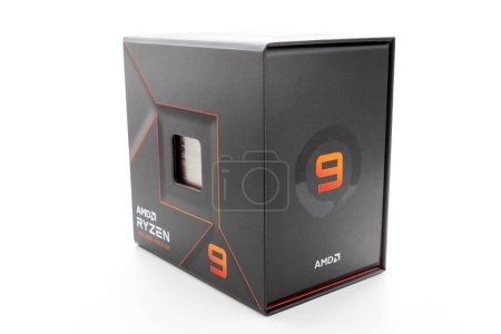 Photo for Dnipro, Ukraine - June 26, 2023: A close-up of an AMD Ryzen 9 7900X processor in a packaging box, isolated on white background - Royalty Free Image