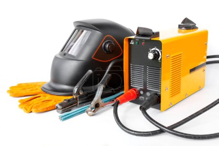 Photo for Inverter welding machine and mask, electric welding equipment on isolated white background - Royalty Free Image