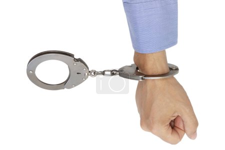 hand buckled in handcuffs, on an isolated white background