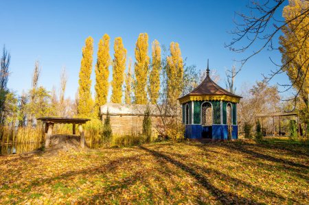Foto de Gazebo tallado en madera azul en Autumn Park con árboles altos, Pereiaslav, Ucrania. - Imagen libre de derechos