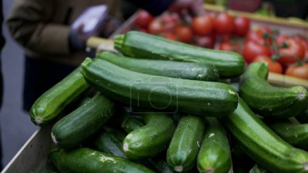Photo pour Zucchini vegetables on display at food street market - image libre de droit
