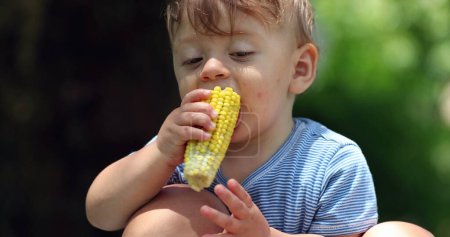 Téléchargez les photos : Bébé tout-petit heureux mangeant une collation saine au maïs à l'extérieur. Joie du sourire du nourrisson - en image libre de droit