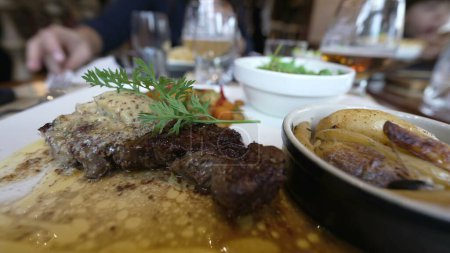 Téléchargez les photos : Steak gastronomique dans l'assiette. Gros plan restaurant repas nourriture déjeuner. Délicieux plat - en image libre de droit