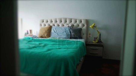 Photo for Casual bedroom interior, bed and sheets with bedside lamp and mattress - Royalty Free Image