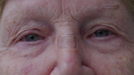 Seniorin Makro Nahaufnahme starrt in die Kamera, faltiger älterer Mensch
